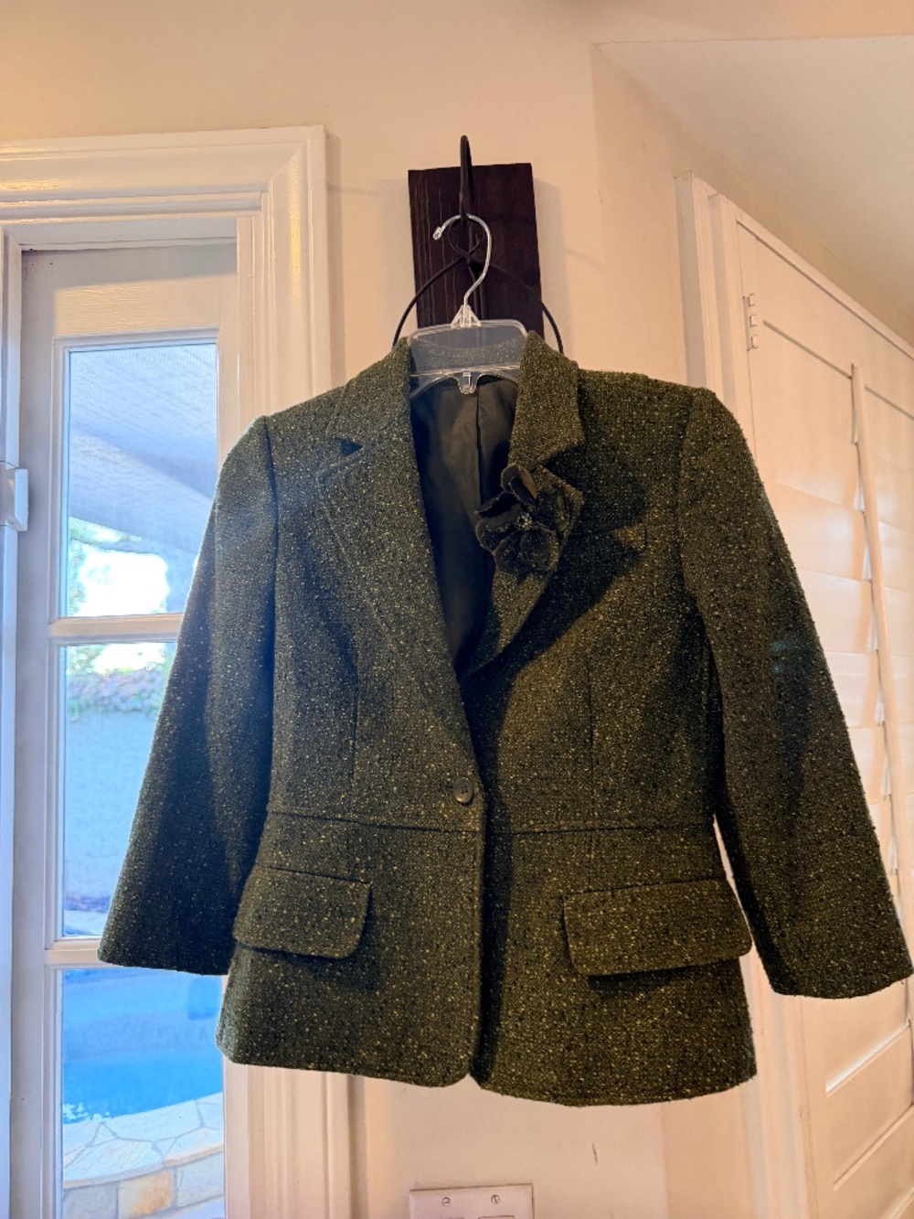Daisy Fuentes 4P Olive Green Tweed Blazer Flower Brooch Petite